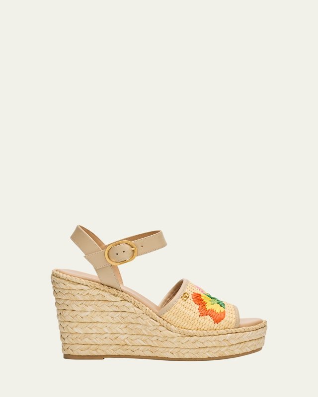 Bribri Raffia Flower Wedge Espadrille Sandals